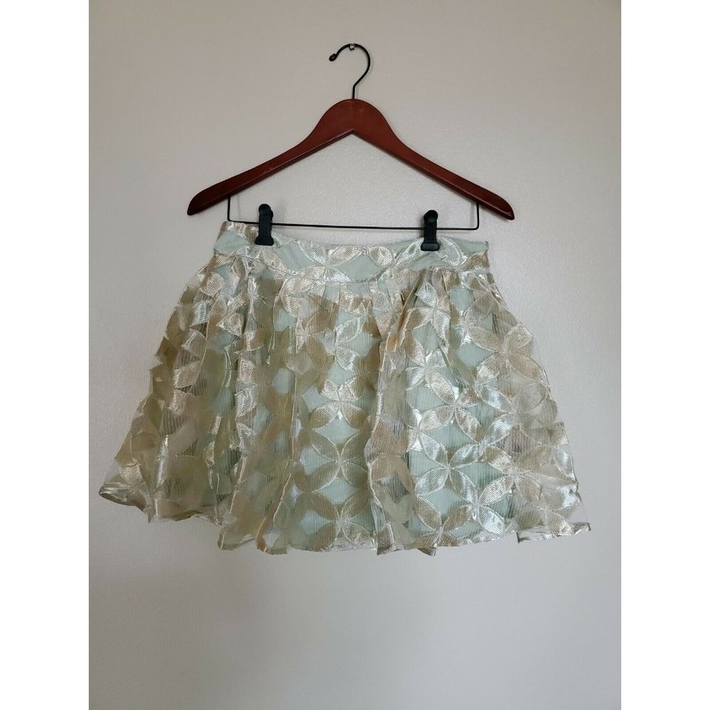 Love Riche Loveriche Metallic Lime Lined Flare Skirt Sz Large NWT